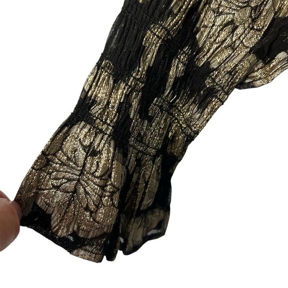 Elan Metallic Brocade Floral Blouse Womens Small Black/Gold Smocked Party Top - Picture 3 of 6